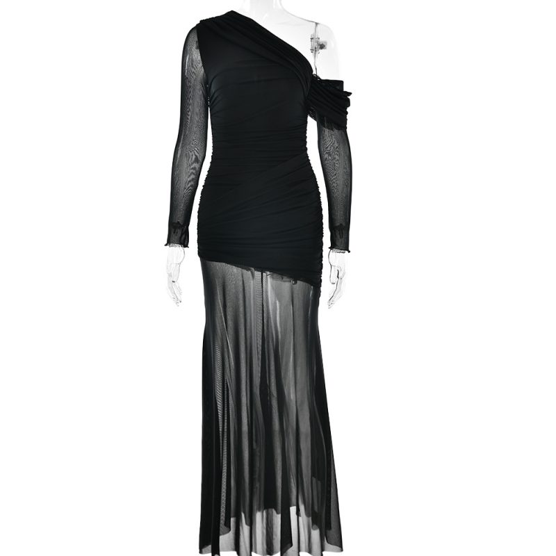 Mesh Pleated Long Sleeve Slim Maxi Dress - Image 4