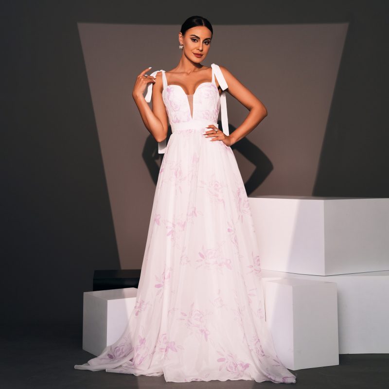 Elegant Sleeveless Off-Neck Printed Swing Evening Dress - Image 4