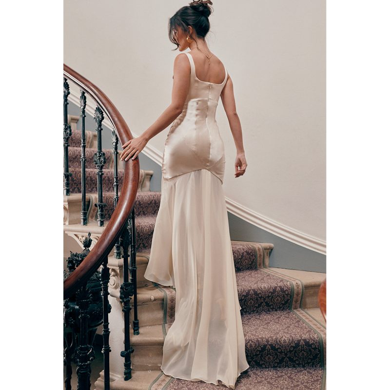 Elegant Satin Chiffon Splice Spring Sheath Dress - Image 3