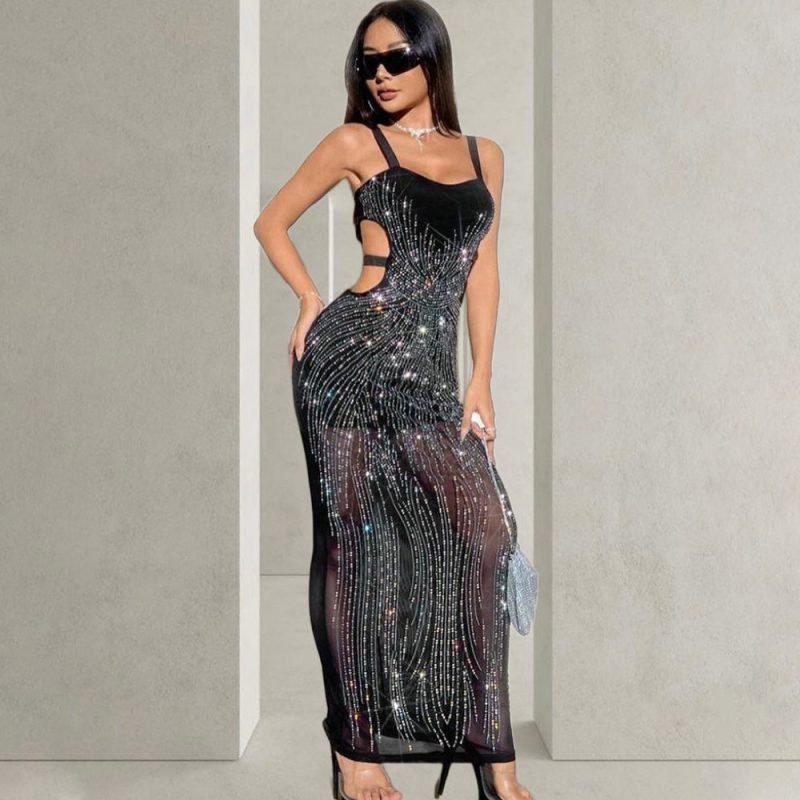 Sexy Hollow Out Rhinestone Camisole Evening Dres - Image 3
