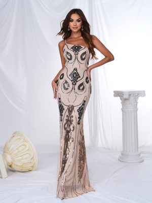 Sleeveless Elegant One Shoulder Sequin Evening Dress