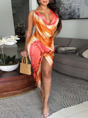 Tie-Dyed Silk Satin Backless Swing Collar Dress