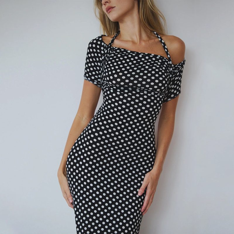 Spring Summer Dot Halter Slim Waist Dress - Image 3