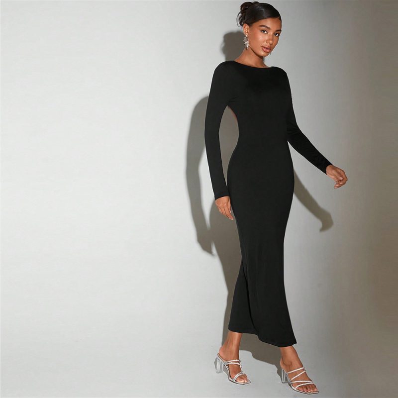 Autumn Winter Round Neck Bare Back Mid Dress - Image 3