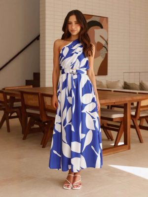 Summer Printed Shoulder Belt Swing Maxi Dress