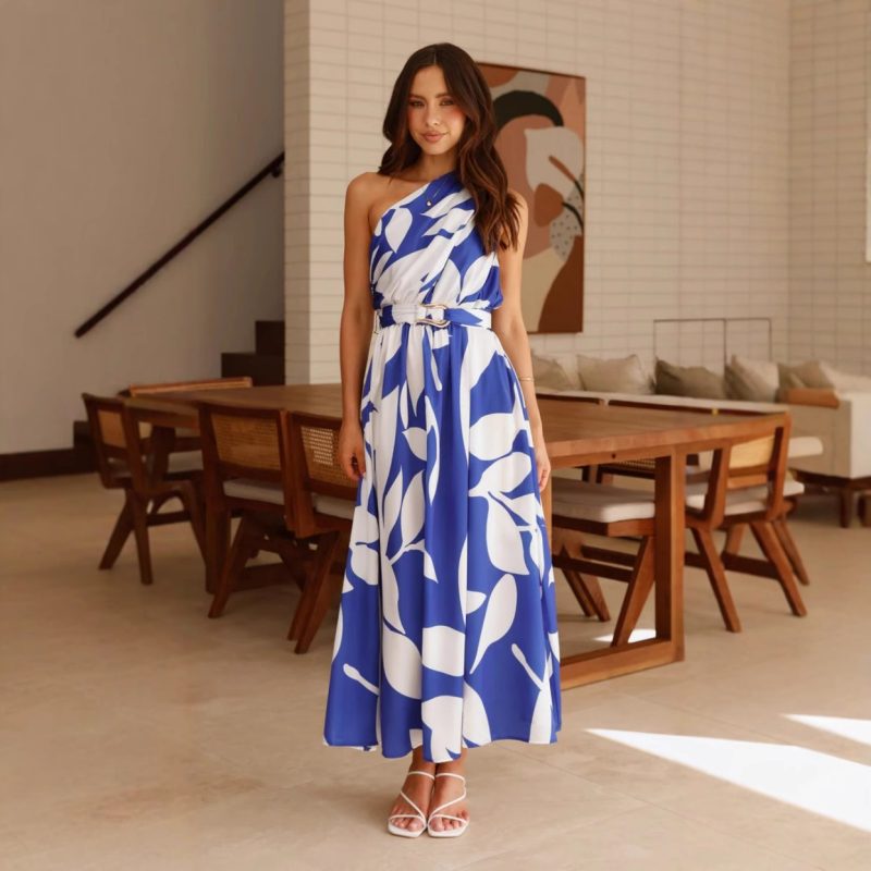 Summer Printed Shoulder Belt Swing Maxi Dress