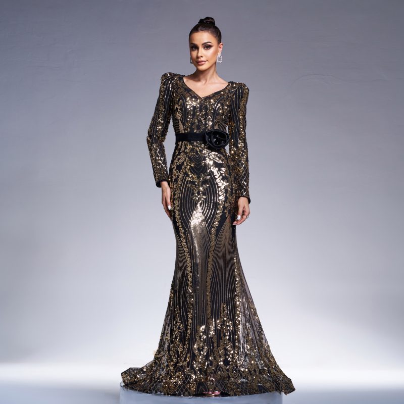 High-End V-Neck Slim Fit Sequin Fishtail Evening Dress