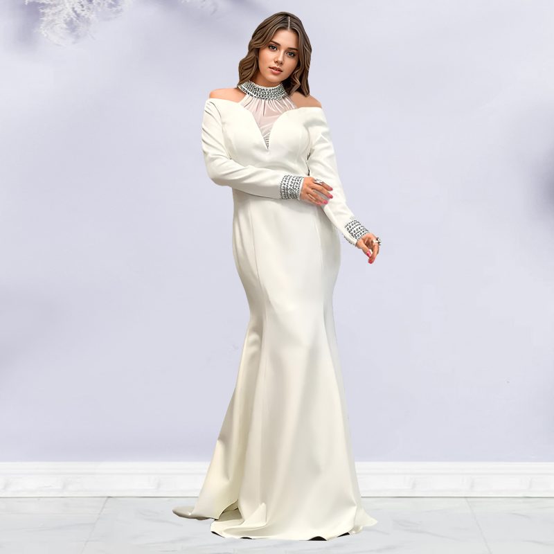 Elegant Slim Fit Rhinestone Arm-Covering Dress - Image 4