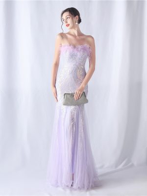 Floral Ostrich Feather Tube Top Sequin Evening Dress