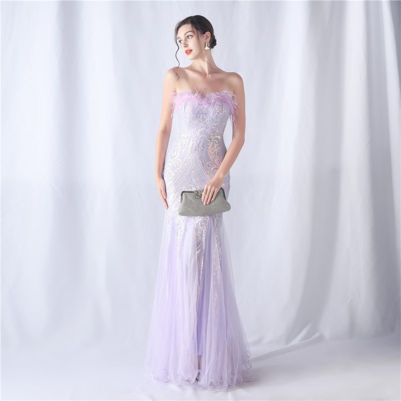 Floral Ostrich Feather Tube Top Sequin Evening Dress