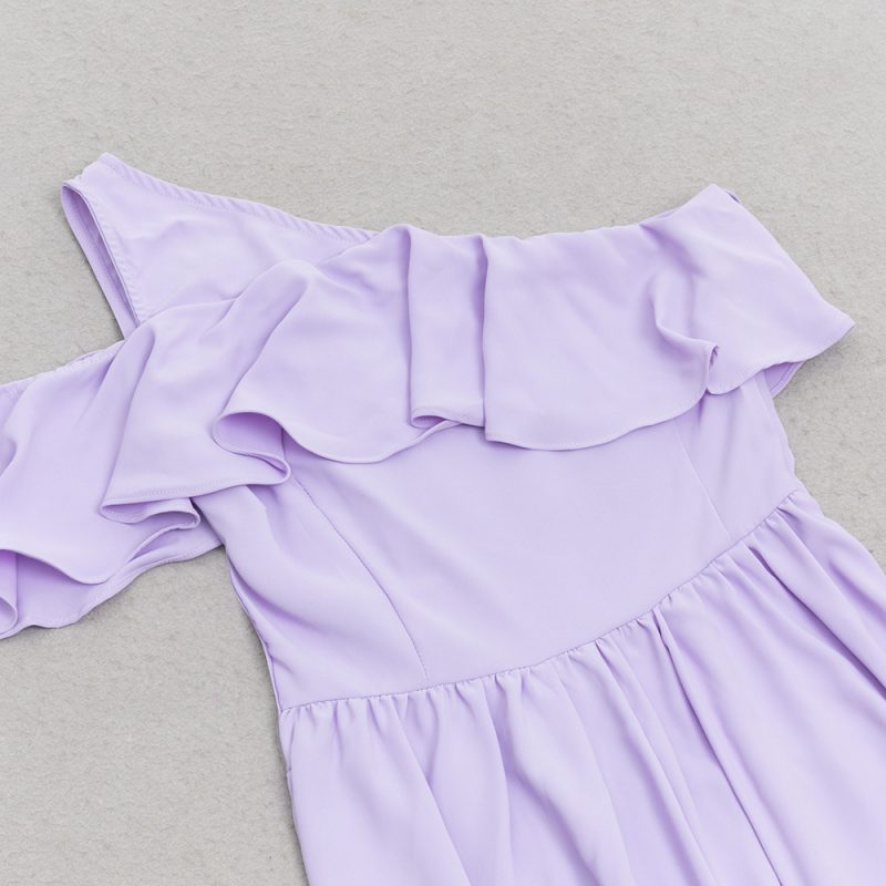 Sexy Asymmetric Oblique Shoulder Pleated Side Slit Dress - Image 4
