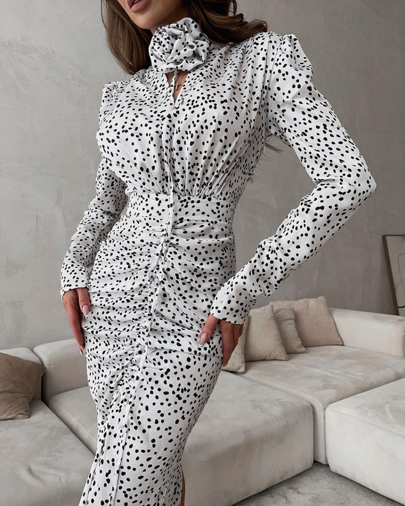 Sexy V-Neck Puff Sleeve Polka Dot Dress - Image 2