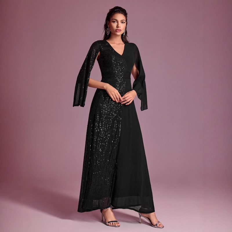 Sequin V-Neck Split Long Sleeve Evening Dress - Image 3
