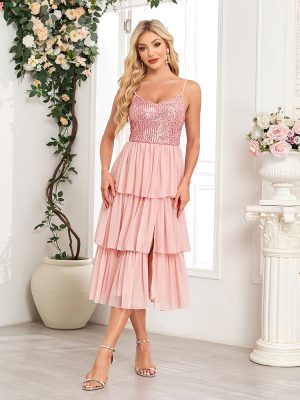 Elegant Pink Chiffon Sequined Pleated Midi Dress