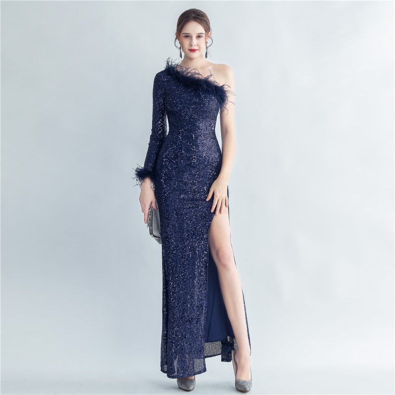 High-End Ostrich Feather One-Shoulder Evening Dress