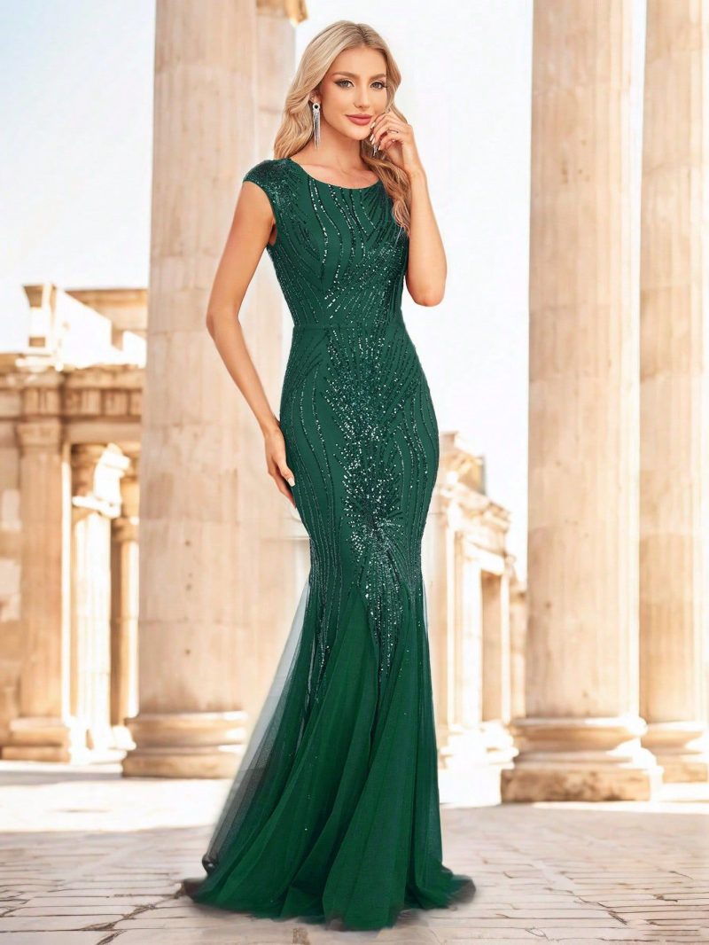 Wine Red Sequin Slim Fishtail Maxi Dress - Image 4