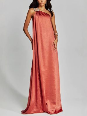 Spring Summer Satin Slant Shoulder Maxi Dress