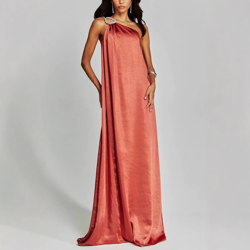 Spring Summer Satin Slant Shoulder Maxi Dress