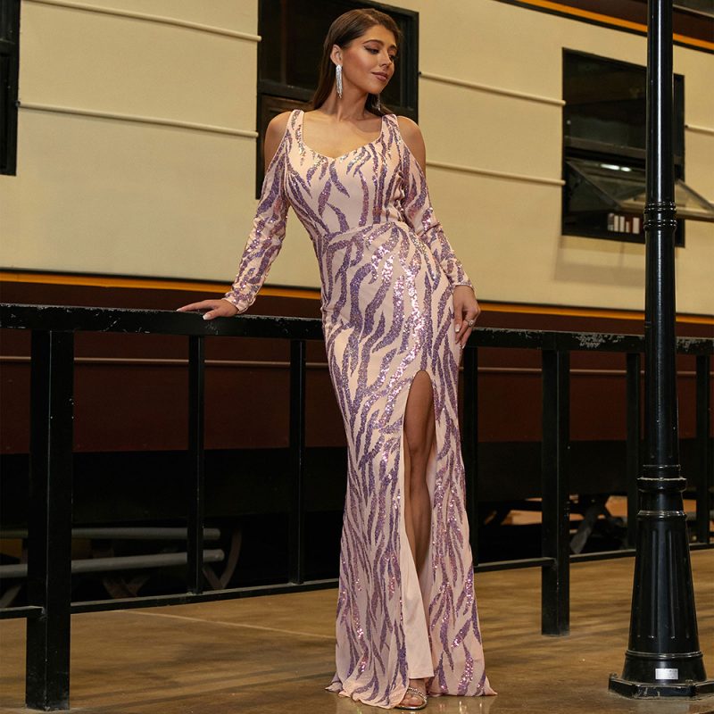 Elegant Backless Long Sleeved Sequined Cocktail Dress - Image 2