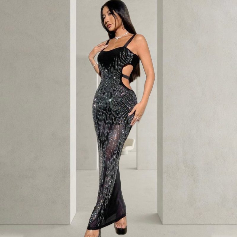 Sexy Hollow Out Rhinestone Camisole Evening Dres - Image 2