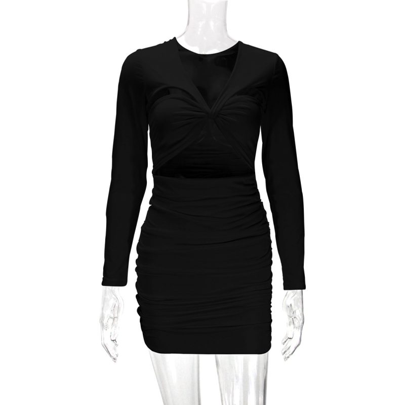 Sexy Hollow Out Pleated Long Sleeve Hip Dress - Image 2