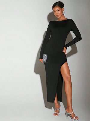 Autumn Winter Round Neck Bare Back Mid Dress