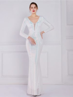 Elegant Floral Sequin Long Sleeve Fishtail Gown