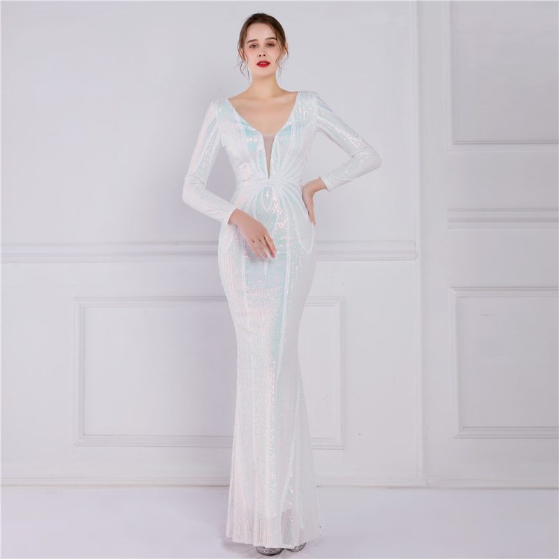 Elegant Floral Sequin Long Sleeve Fishtail Gown