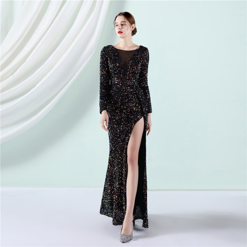 Elegant Long Sleeve Sequined Fishtail Evening Dress - Image 2