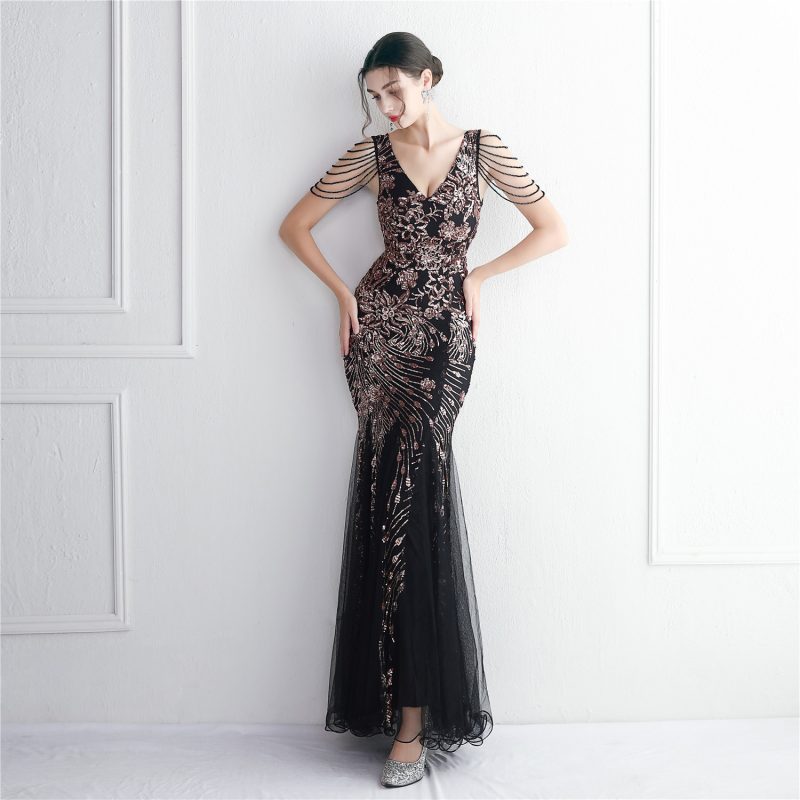 Elegant Sequin Mesh Beaded Fishtail Dress - Image 3
