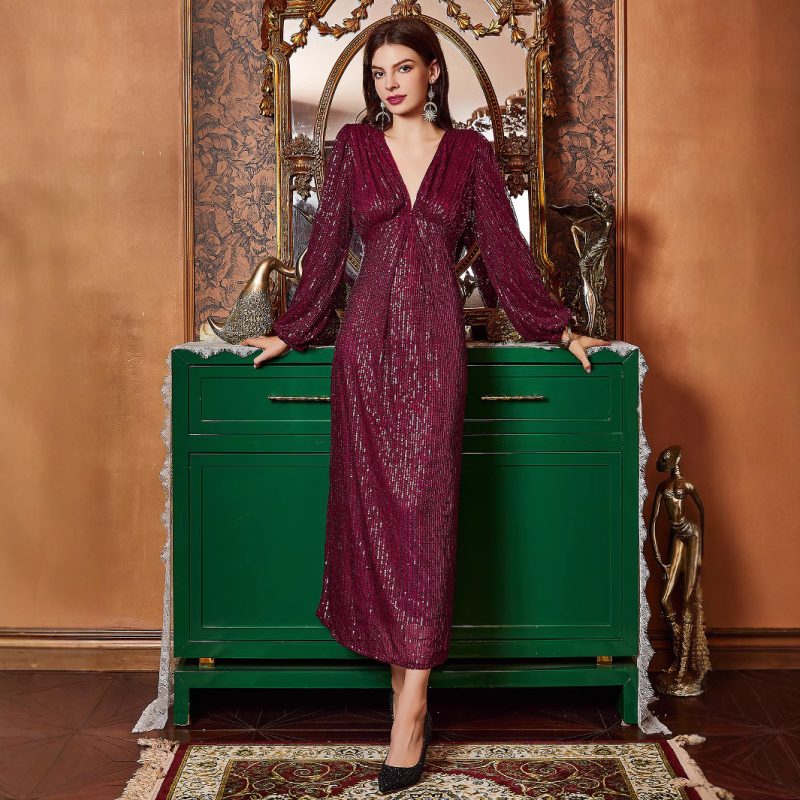 Elegant V-Neck Sequined Slim Summer Cocktail Dress
