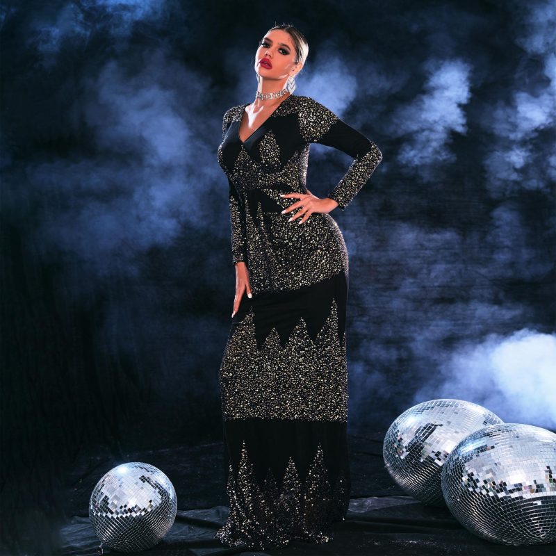 Elegant V-Neck Sequin Long Sleeve Dress - Image 4