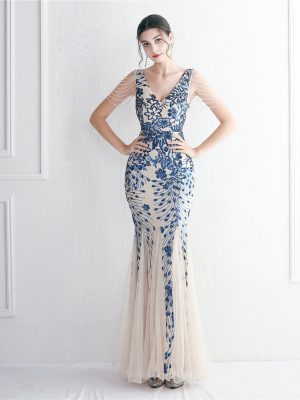 Elegant Sequin Mesh Beaded Fishtail Dress