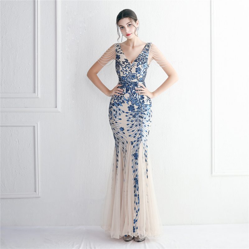 Elegant Sequin Mesh Beaded Fishtail Dress
