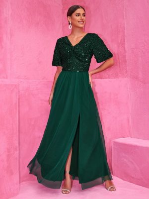 Elegant A-Line Sequined Double V-Neck Tulle Dress