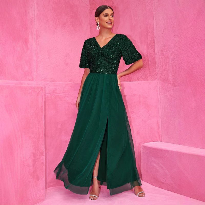 Elegant A-Line Sequined Double V-Neck Tulle Dress