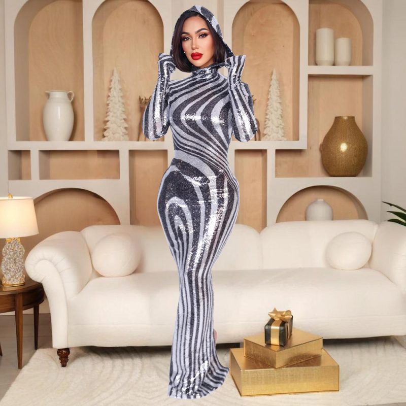 Hooded High Slit Sexy Nightclub Maxi Dress - Image 3