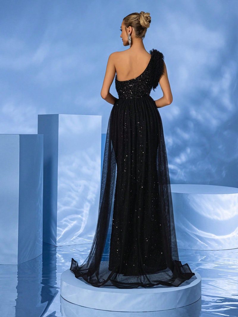Elegant Sequin One-Shoulder Lace Fishtail Gown - Image 2