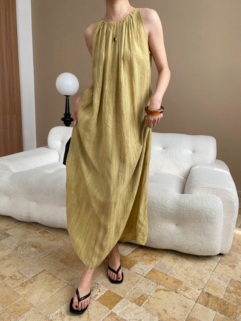Relaxed Linen Pleated Sleeveless A-Line Dress - Image 3