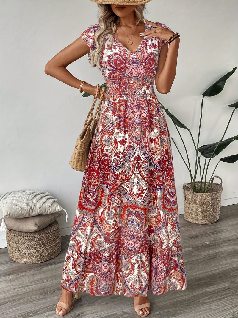 V-Neck Printed Smocked Waist Maxi Dress - Image 4