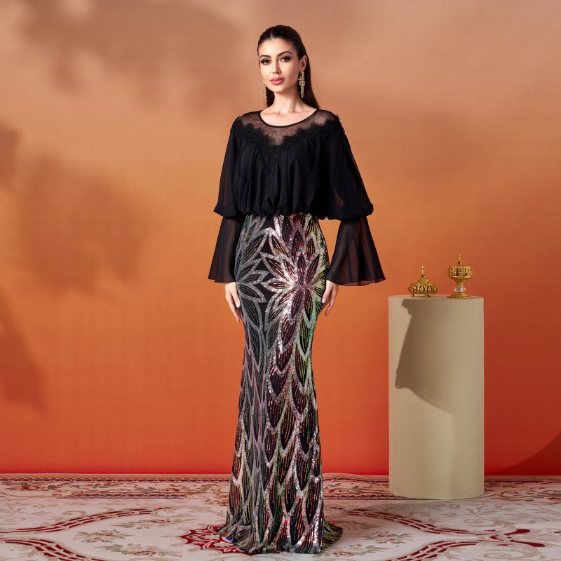 Long Sleeve Sequined Fishtail Sheath Cocktail Dress - Image 4