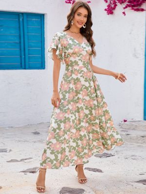 Summer V-Neck Ruffled Short Sleeve Slim Dress
