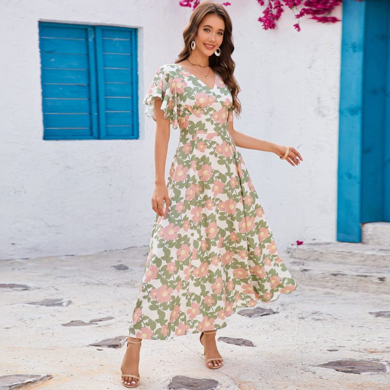 Summer V-Neck Ruffled Short Sleeve Slim Dress