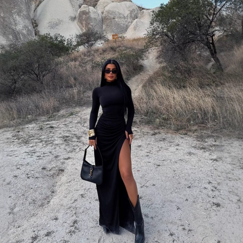 Stand Collar Long Sleeve Pleated Slit Dress - Image 3