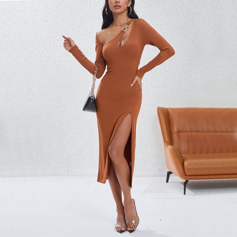 Sexy Asymmetric Hollow Out Oblique Shoulder Dress