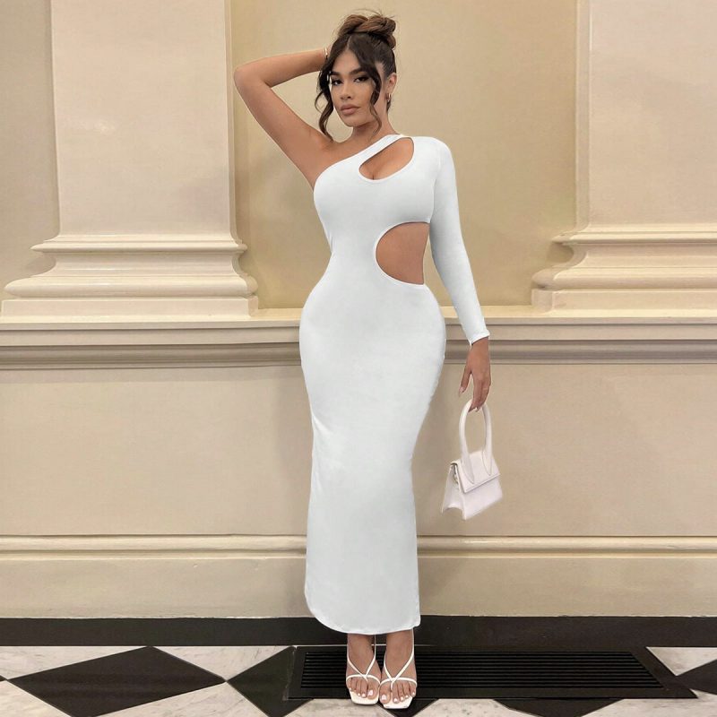One-Shoulder Cutout Diagonal Collar Fall Maxi Dress