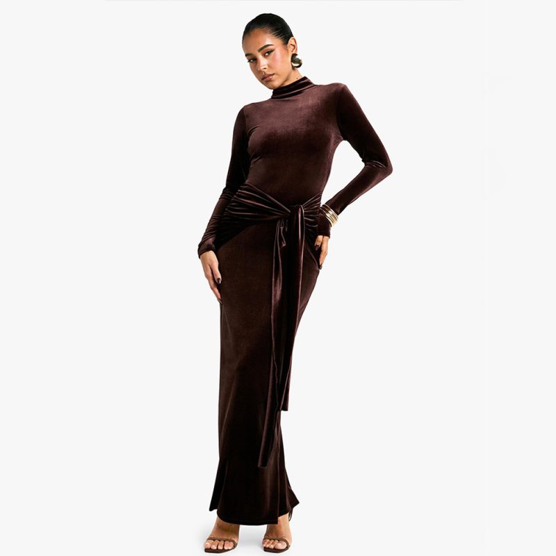 Sexy Half Collar Lace-Up Pleated Maxi Dress