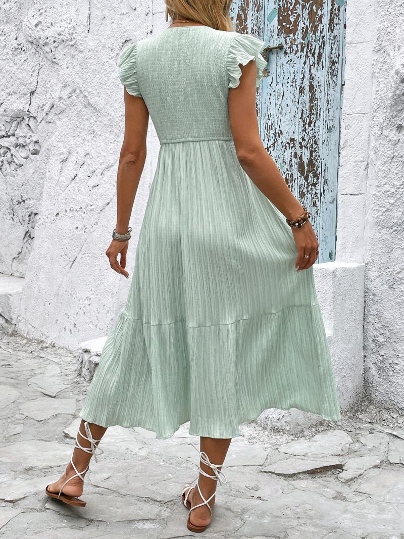 Fresh Light Green V-Neck Split Summer Dress - Image 3
