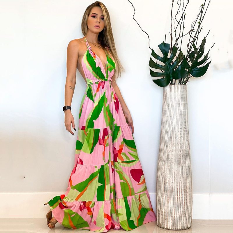 Bohemian Floral Plunge Backless Summer Dress