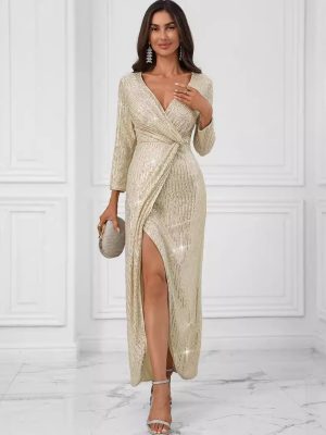 Sequined Long Sleeve Prom Maxi Dress Women